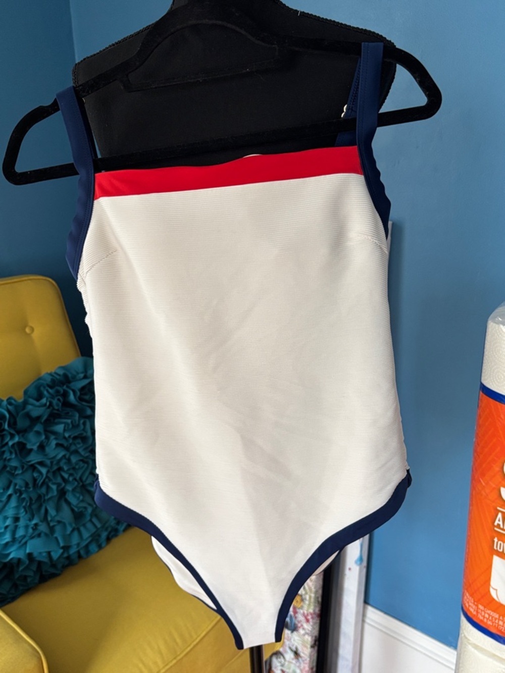 Colorblock One-Piece Swimsuit in White, Navy & Red size medium